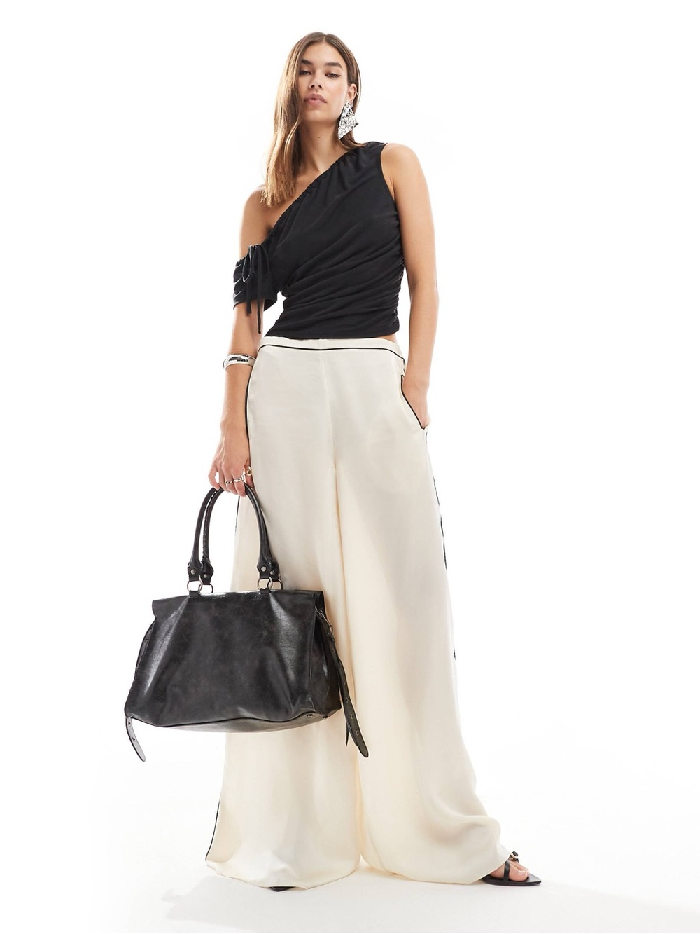 Lioness Satin Contrast Piping Wide Leg Pants Ivory Large